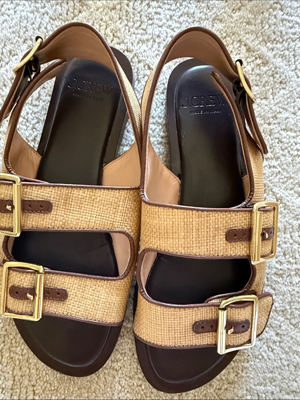 J. Crew Tan Raffia Double-Buckle Slide Sandals with Brown Trim